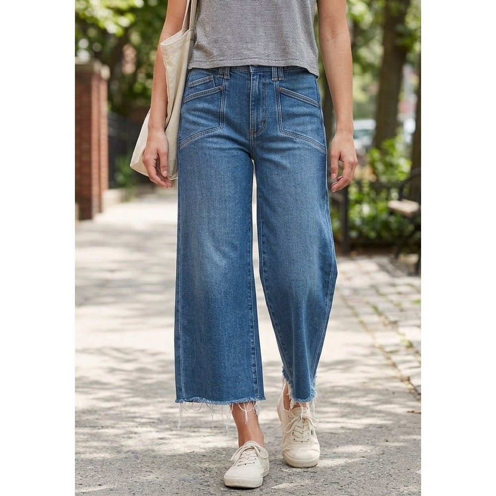 PAIGE Anessa Jeans Women 25 Petite (27x24) Blue Wide Leg High Rise Raw Hem